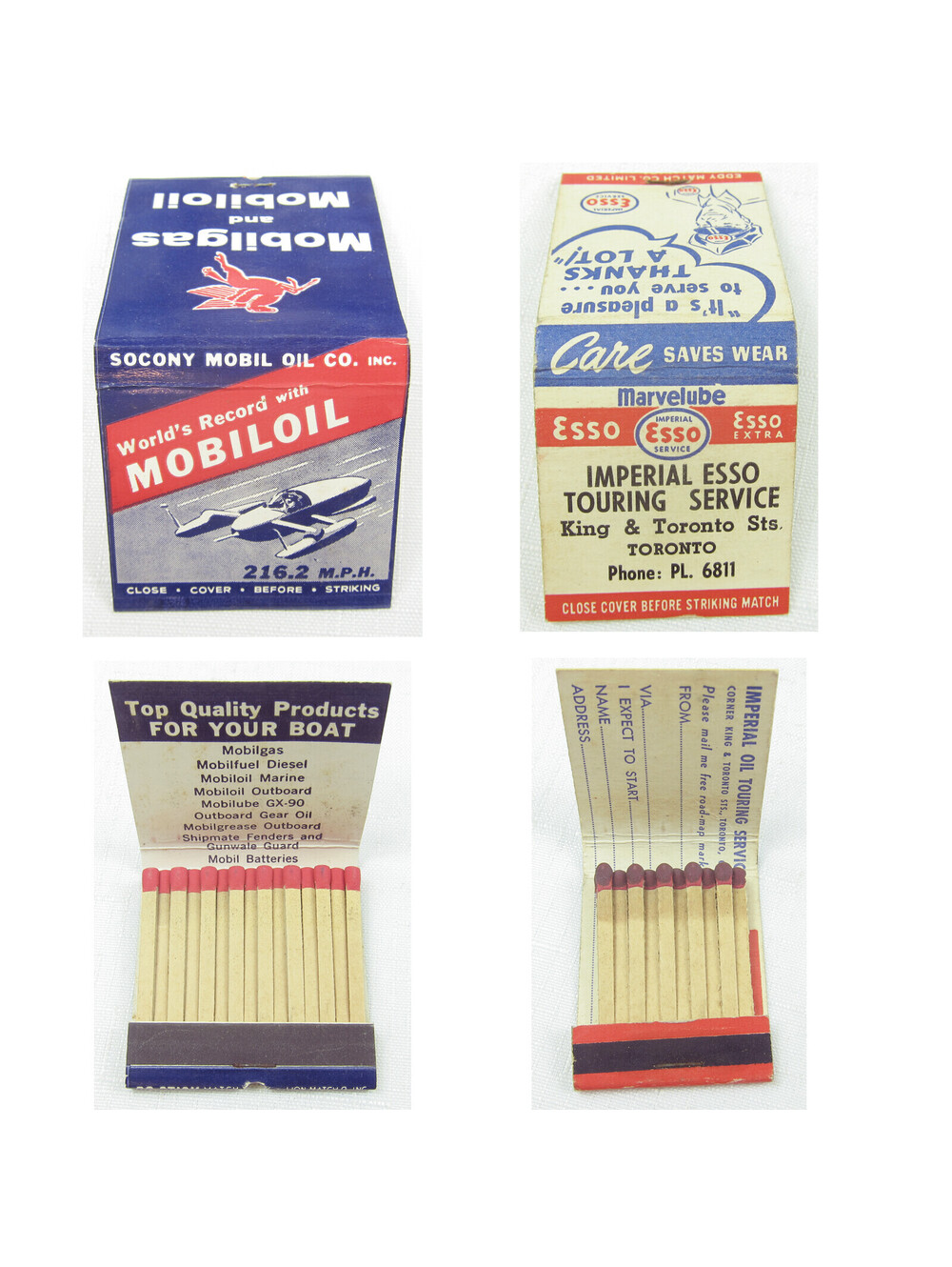 2 Vintage Matchbooks FULL Socony Mobil Oil MobilGas & Imperial Esso Service